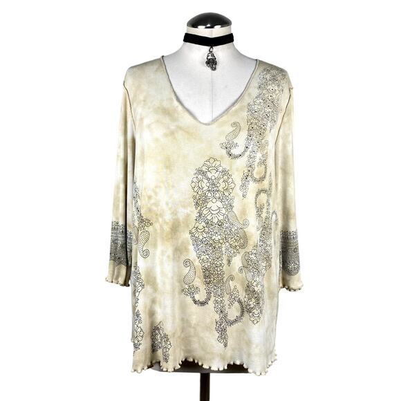 Avenue Sweaters - Avenue Vtg Y2K Rhinestone Paisley Lettuce Hem Summery Boho Hippie Sweater Top 2X